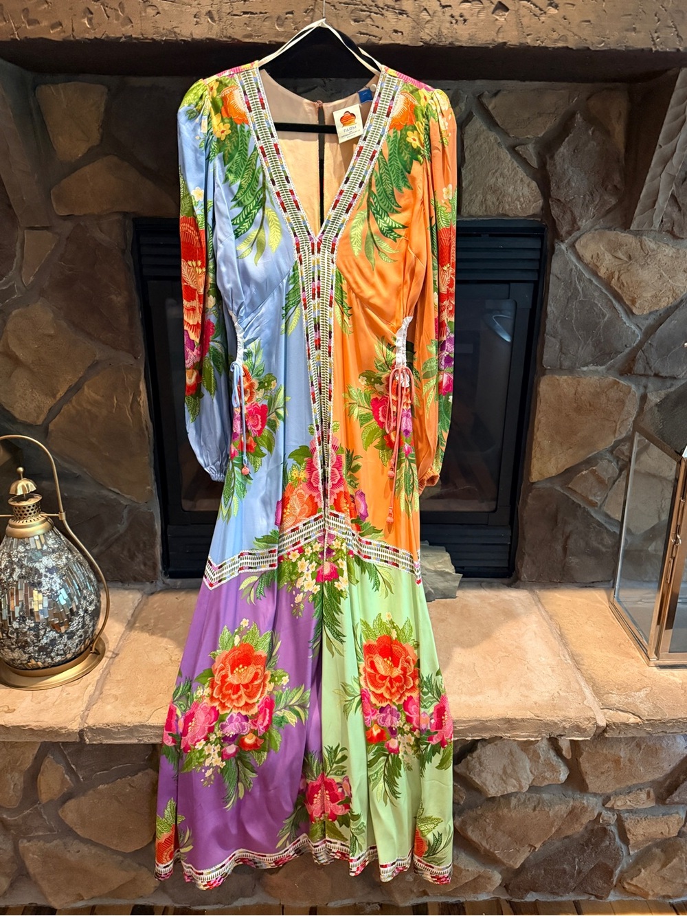 FARM Rio Patchwork Floral Maxi Dress in Blue, Coral, Lavender, Green - Picture 3 of 10